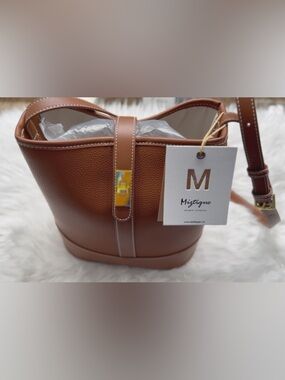 Miztique Cognac Pebbled Bucket Handbag with Gold Accent